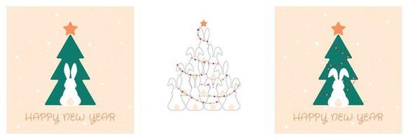 Set of New Year cards with Christmas tree and rabbit. Symbol of 2023. vector