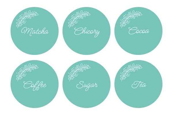 Cardboard food labels or stickers. It can be used for marking kitchen food containers. Labels, stickers, craft decals, floral frame and drinks name in English.