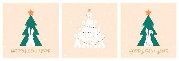 Set of New Year cards with Christmas tree and rabbit. Symbol of 2023. vector