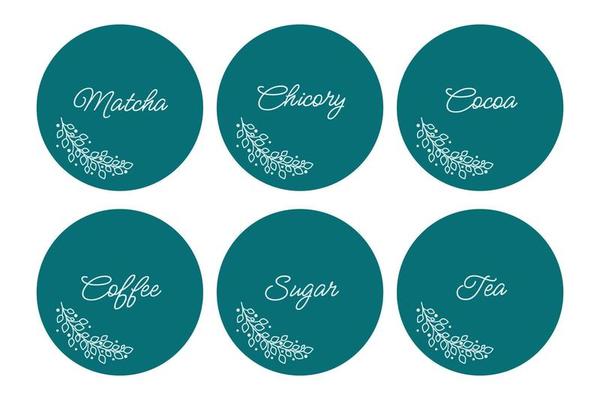 Cardboard food labels or stickers. It can be used for marking kitchen food containers. Labels, stickers, craft decals, floral frame and drinks name in English.