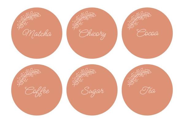 Cardboard food labels or stickers. It can be used for marking kitchen food containers. Labels, stickers, craft decals, floral frame and drinks name in English.