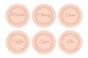 Cardboard food labels or stickers. It can be used for marking kitchen food containers. Labels, stickers, craft decals, floral frame and drinks name in English. vector