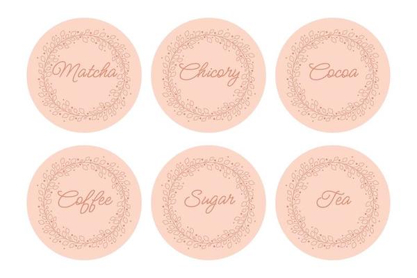 Cardboard food labels or stickers. It can be used for marking kitchen food containers. Labels, stickers, craft decals, floral frame and drinks name in English.