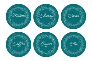 Cardboard food labels or stickers. It can be used for marking kitchen food containers. Labels, stickers, craft decals, floral frame and drinks name in English. vector