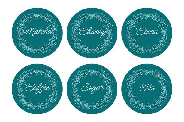 Cardboard food labels or stickers. It can be used for marking kitchen food containers. Labels, stickers, craft decals, floral frame and drinks name in English.