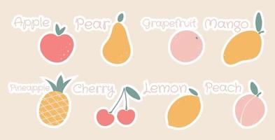 Abstract fruit shapes art print elements. Minimalist apple, pear, grapefruit, lemon, pineapple, cherry, mango, peach vector illustration.