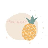 Flat pineapple hand drawn vector illustration. Ripe fruit, juicy organic food abstract drawing isolated on pastel beige background. Trendy home decor. Modern color print