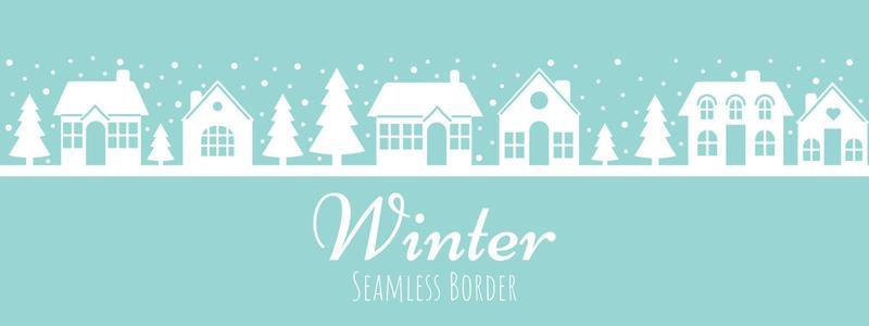 Winter seamless border. City, houses, Christmas trees, snow. New Year symbols.Trendy retro style. Vector design template. Christmas and Happy New Year