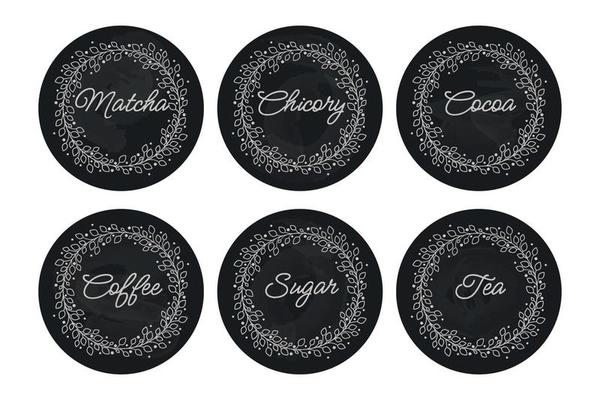 Cardboard food labels and stickers written in chalk on a slate board. It can be used for marking kitchen food containers. Labels, stickers, craft decals, floral frame and drinks name in English.