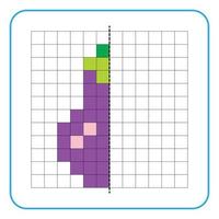 Picture reflection educational game for kids. Learn to complete symmetry worksheets for preschool activities. Tasks for coloring grid pages, picture mosaics, or pixel art. Finish the purple eggplant. vector