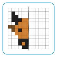 Picture reflection educational game for kids. Learn to complete symmetry worksheets for preschool activities. Tasks for coloring grid pages, picture mosaics, or pixel art. Finish the cow head. vector