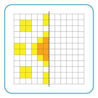Picture reflection educational game for kids. Learn to complete symmetry worksheets for preschool activities. Tasks for coloring grid pages, picture mosaics, or pixel art. Finish the sunflower. vector