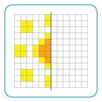 Picture reflection educational game for kids. Learn to complete symmetry worksheets for preschool activities. Tasks for coloring grid pages, picture mosaics, or pixel art. Finish the sunflower. vector