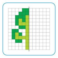 Picture reflection educational game for kids. Learn to complete symmetry worksheets for preschool activities. Tasks for coloring grid pages, picture mosaics, or pixel art. Finish the green tree. vector