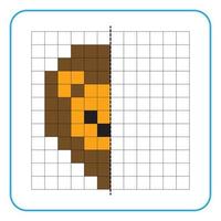 Picture reflection educational game for kids. Learn to complete symmetrical worksheets for preschool activities. Tasks for coloring grid pages, picture mosaics, or pixel art. Finish the lion face. vector