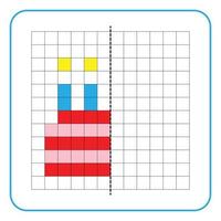 Picture reflection educational game for kids. Learn to complete symmetrical worksheets for preschool activities. Tasks for coloring grid pages, picture mosaics, or pixel art. Finish the birthday cake. vector