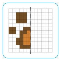 Picture reflection educational game for kids. Learn to complete symmetrical worksheets for preschool activities. Tasks for coloring grid pages, picture mosaics, or pixel art. Finish the animal paw. vector