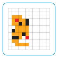 Picture reflection educational game for kids. Learn to complete symmetrical worksheets for preschool activities. Tasks for coloring grid pages, picture mosaics, or pixel art. Finish the tiger face. vector