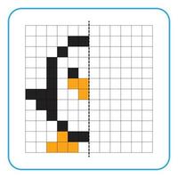 Picture reflection educational game for kids. Learn to complete symmetrical worksheets for preschool activities. Tasks for coloring grid pages, picture mosaics, or pixel art. Finish the little penguin vector