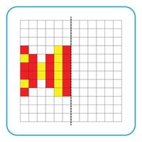 Picture reflection educational game for children. Learn to complete symmetrical worksheets for preschool activities. Coloring grid pages, visual perception and pixel art. Finish the candy image. vector