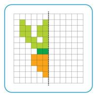 Picture reflection educational game for children. Learn to complete symmetrical worksheets for preschool activities. Coloring grid pages, visual perception and pixel art. Finish the carrot image. vector