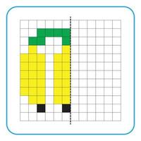 Picture reflection educational game for kids. Learn to complete symmetrical worksheets for preschool activities. Tasks for coloring grid pages, picture mosaics, or pixel art. Finish the banana fruit. vector