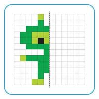 Picture reflection educational game for kids. Learn to complete symmetrical worksheets for preschool activities. Tasks for coloring grid pages, picture mosaics, or pixel art. Finish the alien robots. vector