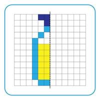 Picture reflection educational game for kids. Learn to complete symmetrical worksheets for preschool activities. Color grid pages, picture mosaics, or pixel art. Finish the juice in a bottle. vector