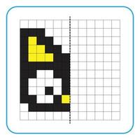 Picture reflection educational game for kids. Learn to complete symmetrical worksheets for preschool activities. Tasks for coloring grid pages, picture mosaics, or pixel art. Finish the black cat. vector