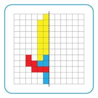 Picture reflection educational game for kids. Learn to complete symmetrical worksheets for preschool activities. Tasks for coloring grid pages, picture mosaics, or pixel art. Finish the sword. vector