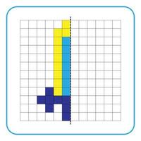 Picture reflection educational game for kids. Learn to complete symmetrical worksheets for preschool activities. Tasks for coloring grid pages, picture mosaics, or pixel art. Finish the sword. vector