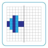 Picture reflection educational game for children. Learn to complete symmetrical worksheets for preschool activities. Coloring grid pages, visual perception and pixel art. Finish the sports barbell. vector