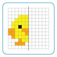 Picture reflection educational game for kids. Learn to complete symmetrical worksheets for preschool activities. Tasks for coloring grid pages, picture mosaics, or pixel art. Finish the little chicken vector
