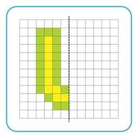 Picture reflection educational game for children. Learn to complete symmetrical worksheets for preschool activities. Coloring grid pages, visual perception and pixel art. Finish the letter U. vector