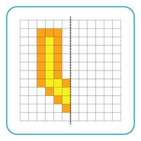 Picture reflection educational game for children. Learn to complete symmetrical worksheets for preschool activities. Coloring grid pages, visual perception and pixel art. Finish the letter V. vector