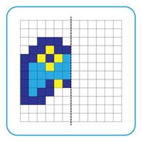 Picture reflection educational game for children. Learn to complete symmetrical worksheets for preschool activities. Coloring grid pages, visual perception and pixel art. Finish the game console. vector