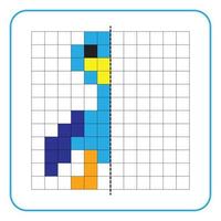 Picture reflection educational game for children. Learn to complete symmetrical worksheets for preschool activities. Coloring grid pages, visual perception and pixel art. Finish the duck images. vector