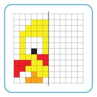 Picture reflection educational game for children. Learn to complete symmetrical worksheets for preschool activities. Coloring grid pages, visual perception and pixel art. Finish the little chicken. vector