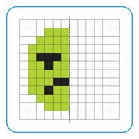 Picture reflection educational game for children. Learn to complete symmetrical worksheets for preschool activities. Coloring grid pages, visual perception and pixel art. Finish the disappointed face. vector