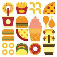 Flat minimalist geometric fast food symbol artwork poster with colorful simple shapes. Abstract vector pattern design of junk food and drink. Burgers, pizza, french fries, soda, coffee and ice cream.