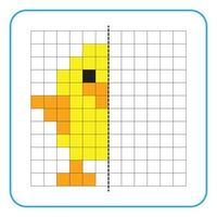 Picture reflection educational game for children. Learn to complete symmetrical worksheets for preschool activities. Coloring grid pages, visual perception and pixel art. Finish the little chicken. vector