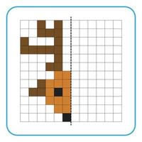 Picture reflection educational game for kids. Learn to complete symmetrical worksheets for preschool activities. Tasks for coloring grid pages, picture mosaics, or pixel art. Finish the reindeer. vector