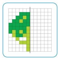 Picture reflection educational game for kids. Learn to complete symmetrical worksheets for preschool activities. Tasks for coloring grid pages, picture mosaics, or pixel art. Finish the broccoli. vector