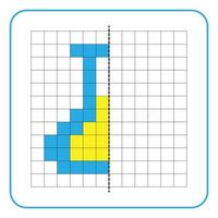 Picture reflection educational game for kids. Learn to complete symmetry worksheets for preschool activities. Tasks for coloring grid pages, picture mosaics, or pixel art. Complete the test tube. vector