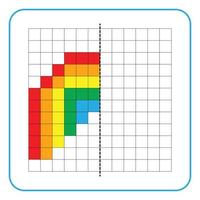 Picture reflection educational game for kids. Learn to complete symmetrical worksheets for preschool activities. Tasks for coloring grid pages, picture mosaics, or pixel art. Finish the rainbow. vector