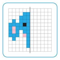 Picture reflection educational game for kids. Learn to complete symmetry worksheets for preschool activities. Tasks for coloring grid pages, picture mosaics, or pixel art. Finish the elephant face. vector