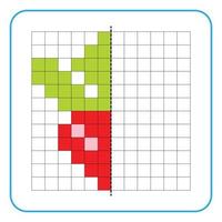 Picture reflection educational game for kids. Learn to complete symmetry worksheets for preschool activities. Tasks for coloring grid pages, picture mosaics, or pixel art. Finish the red radish. vector