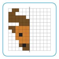 Picture reflection educational game for kids. Learn to complete symmetrical worksheets for preschool activities. Tasks for coloring grid pages, picture mosaics, or pixel art. Finish the bull face. vector