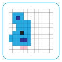 Picture reflection educational game for kids. Learn to complete symmetrical worksheets for preschool activities. Tasks for coloring grid pages, picture mosaics, or pixel art. Finish the hippopotamus. vector