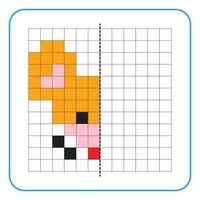 Picture reflection educational game for kids. Learn to complete symmetrical worksheets for preschool activities. Tasks for coloring grid pages, picture mosaics, or pixel art. Finish the mouse face. vector